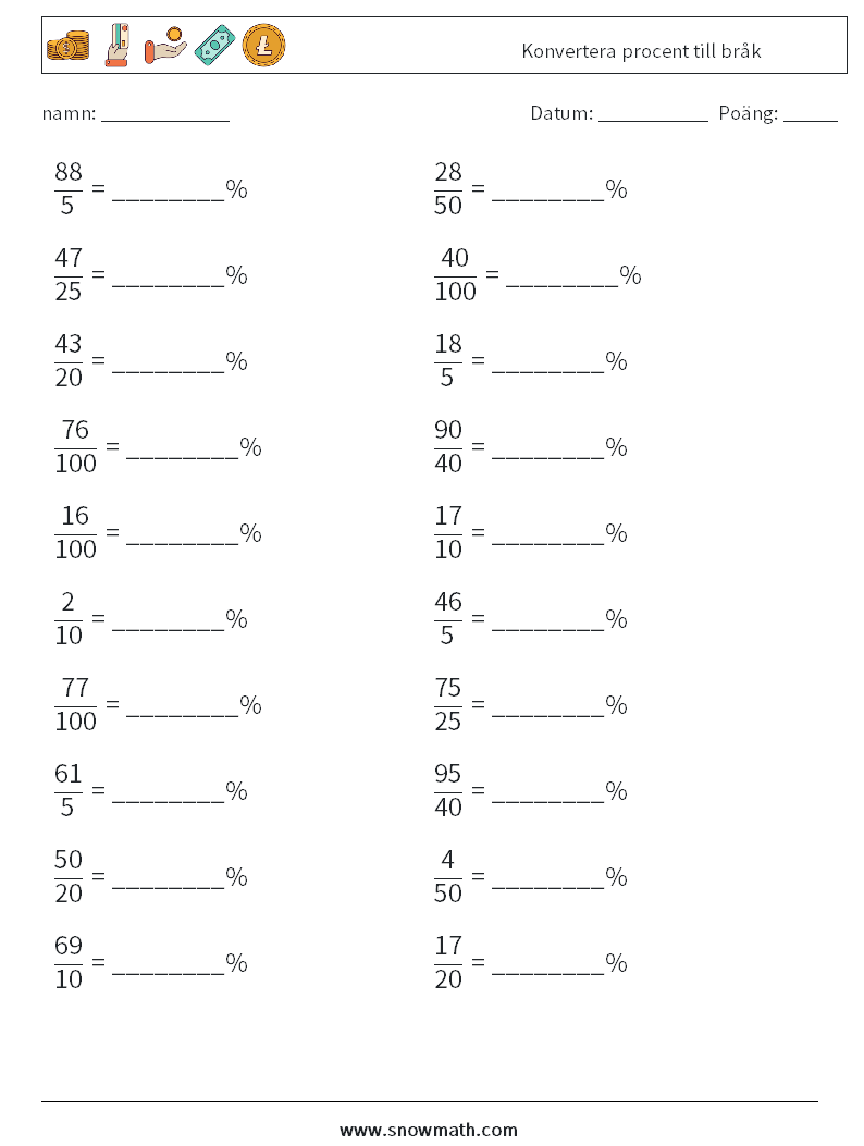 Konvertera procent till bråk Matematiska arbetsblad 3