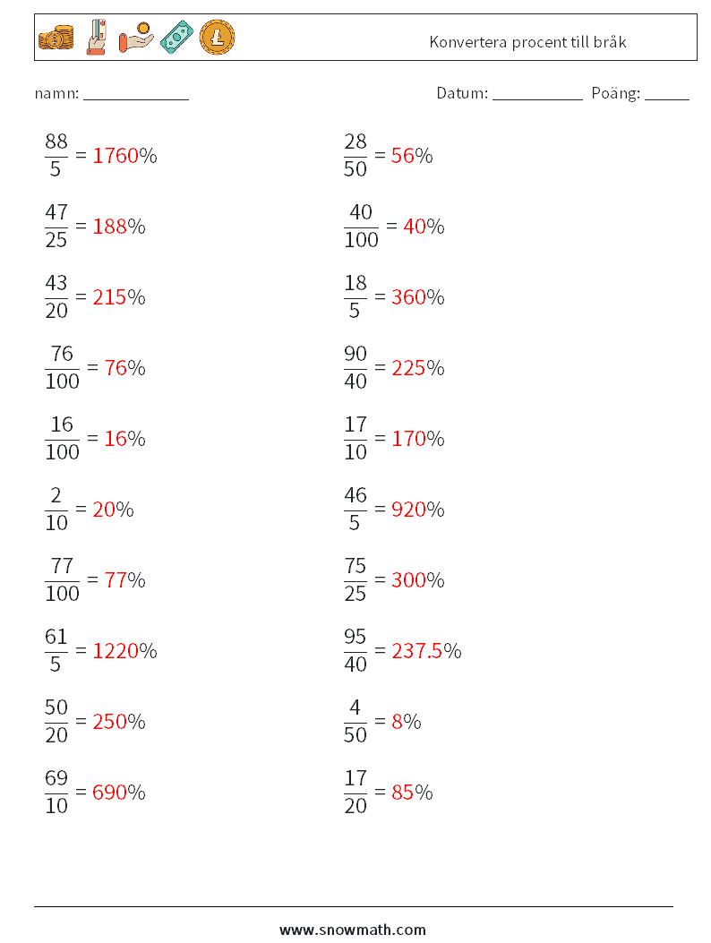 Konvertera procent till bråk Matematiska arbetsblad 3 Fråga, svar
