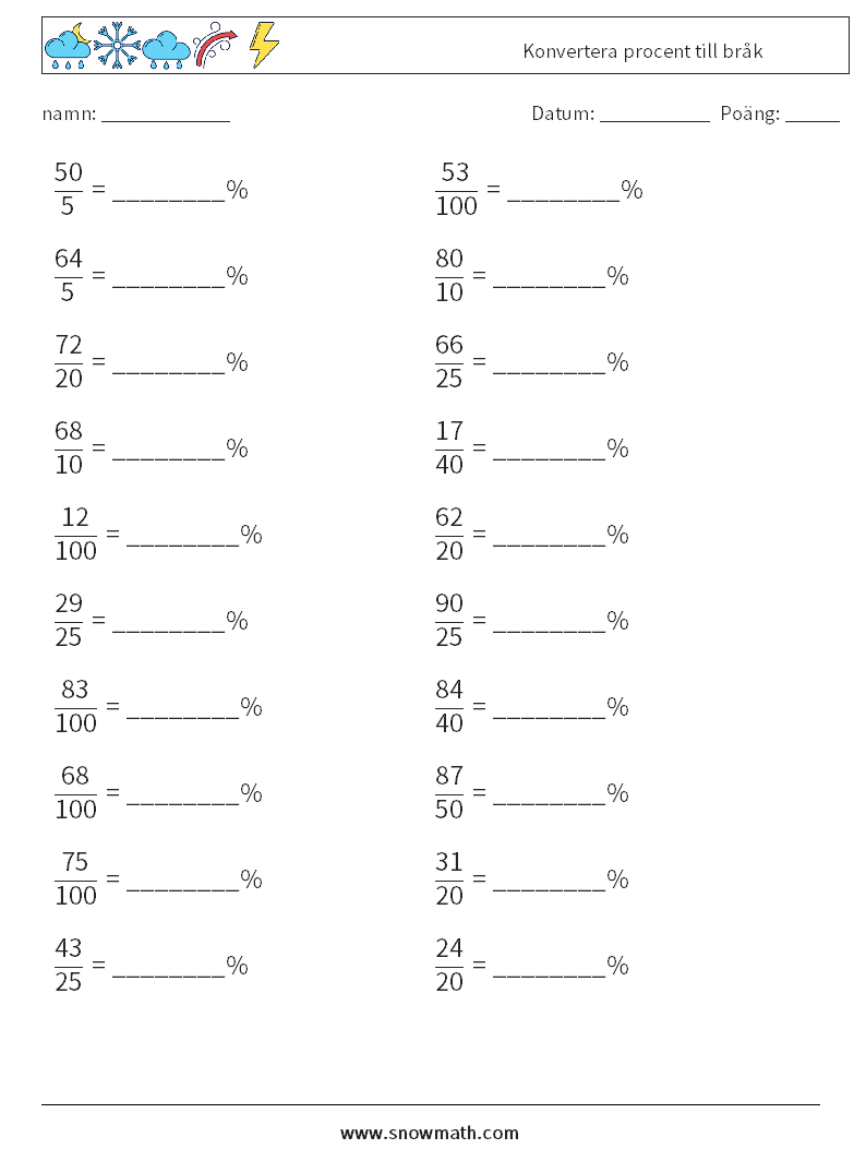 Konvertera procent till bråk Matematiska arbetsblad 4