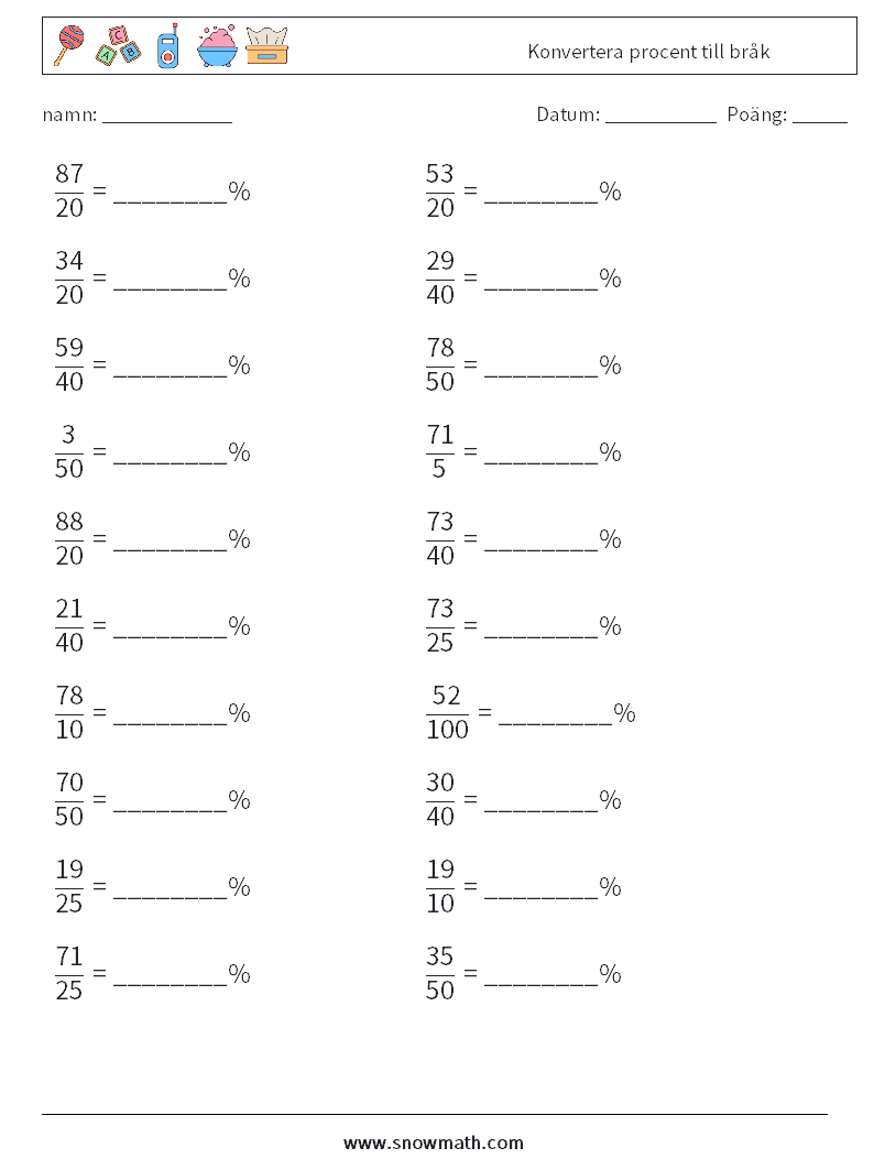 Konvertera procent till bråk Matematiska arbetsblad 5