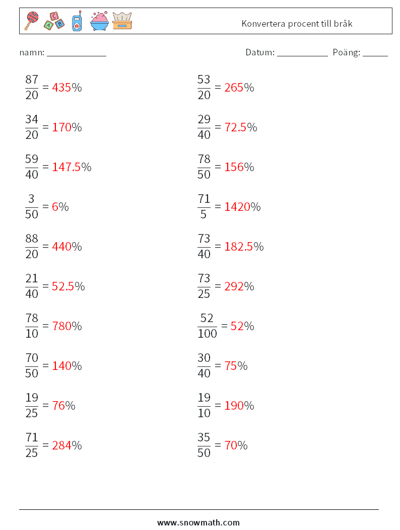 Konvertera procent till bråk Matematiska arbetsblad 5 Fråga, svar