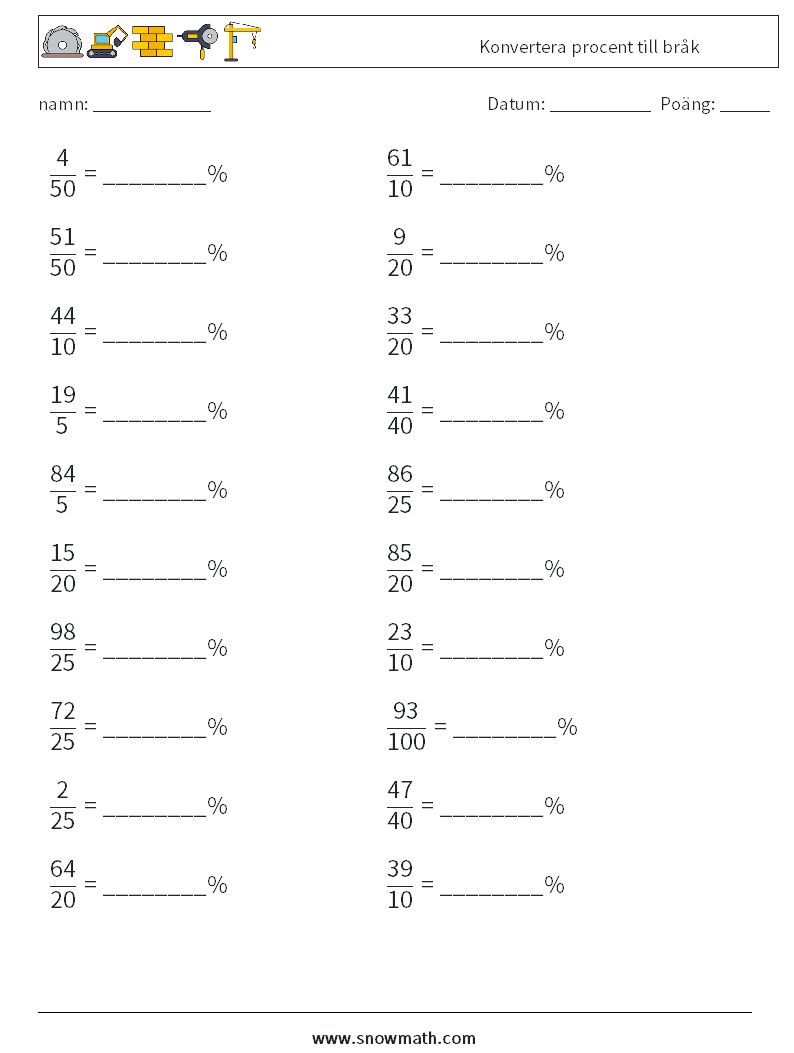 Konvertera procent till bråk Matematiska arbetsblad 6