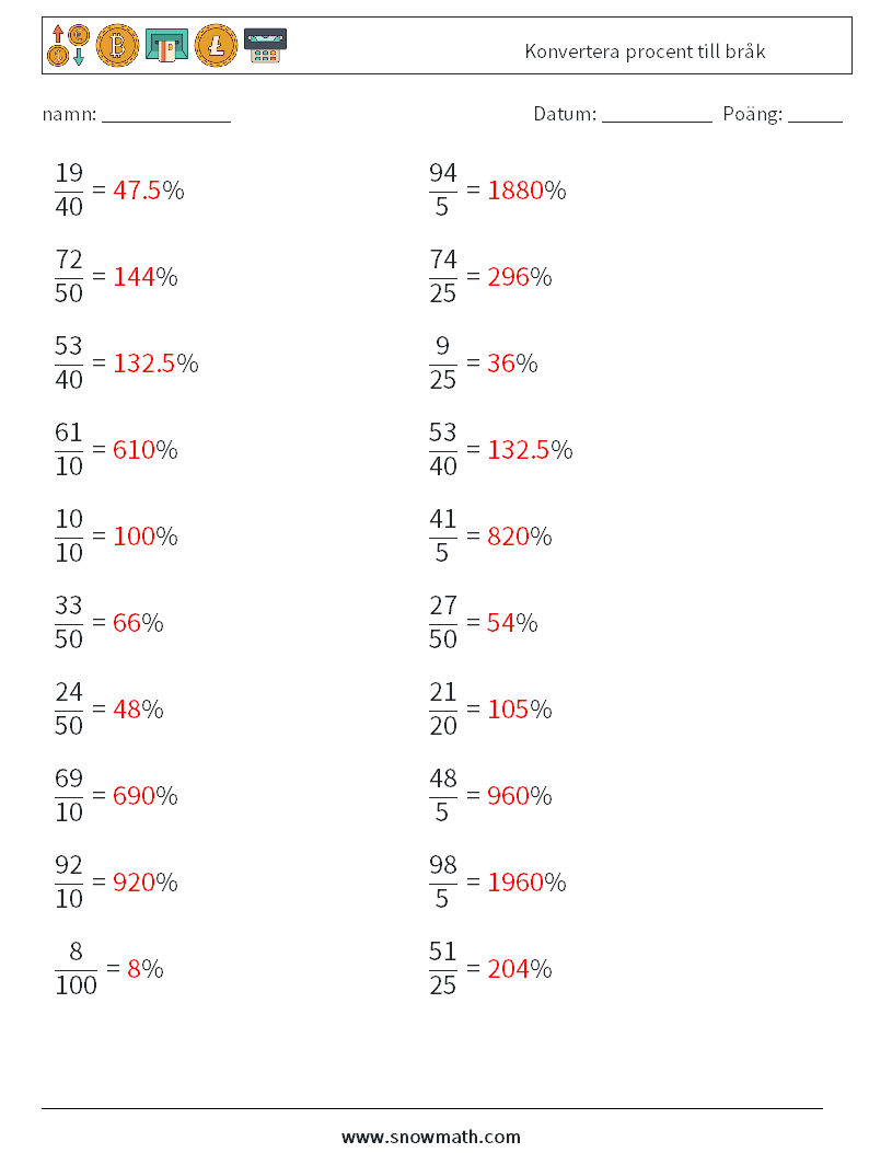 Konvertera procent till bråk Matematiska arbetsblad 7 Fråga, svar