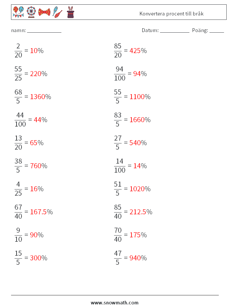 Konvertera procent till bråk Matematiska arbetsblad 8 Fråga, svar