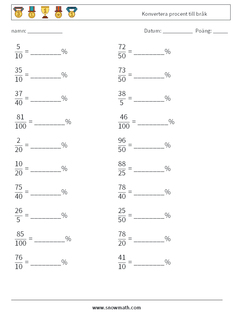 Konvertera procent till bråk Matematiska arbetsblad 9