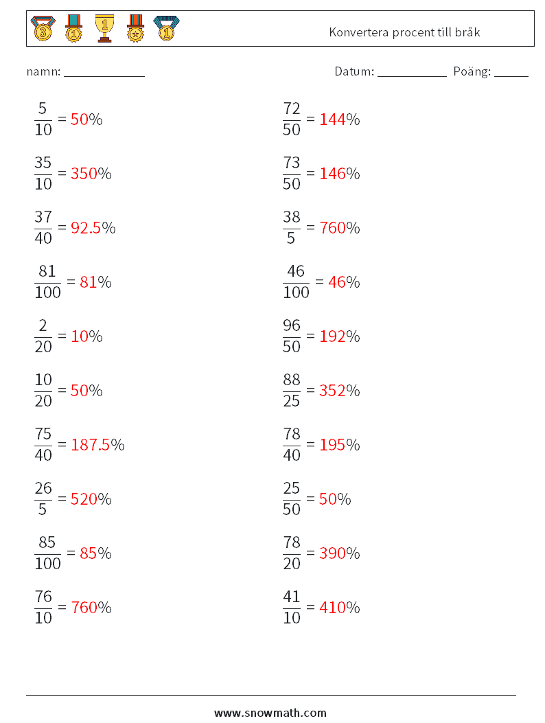 Konvertera procent till bråk Matematiska arbetsblad 9 Fråga, svar