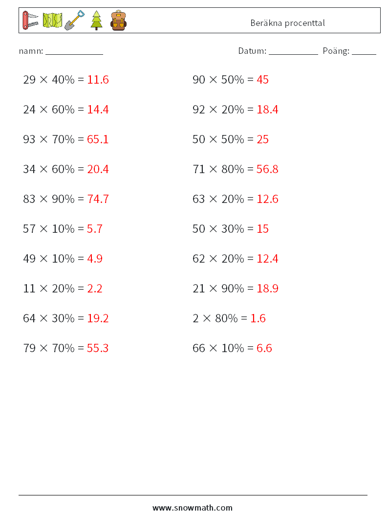 Beräkna procenttal Matematiska arbetsblad 1 Fråga, svar