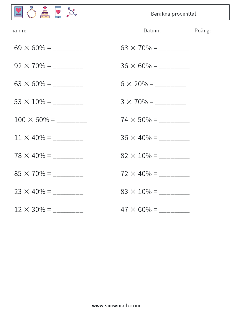 Beräkna procenttal Matematiska arbetsblad 2