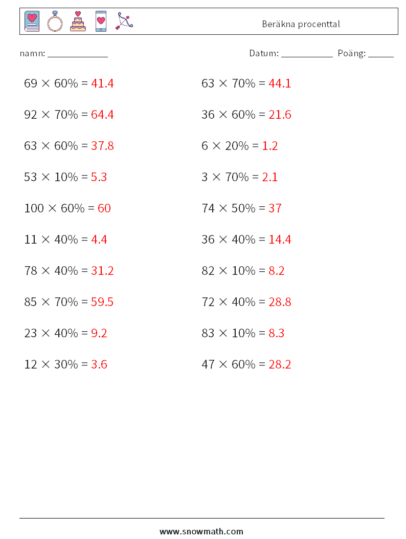 Beräkna procenttal Matematiska arbetsblad 2 Fråga, svar