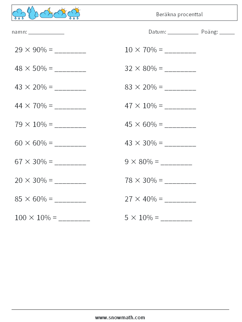 Beräkna procenttal Matematiska arbetsblad 3