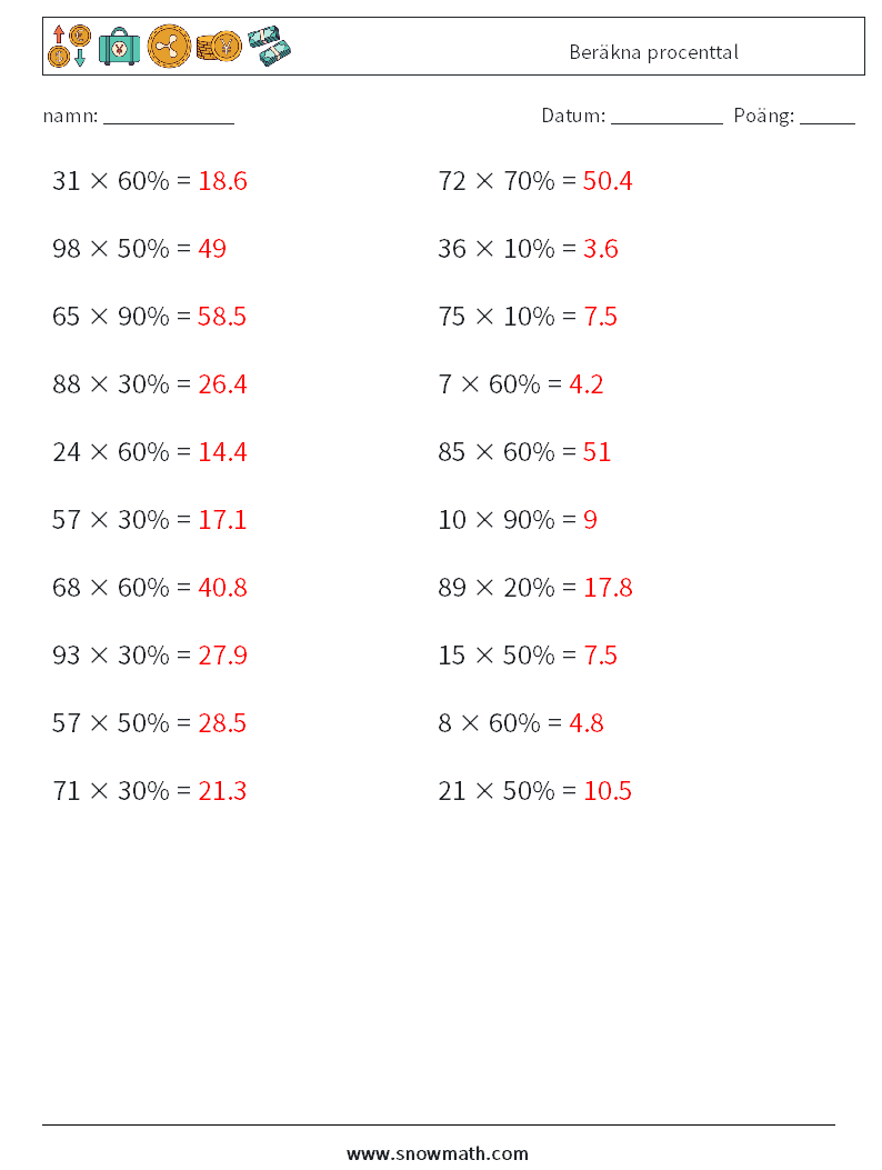 Beräkna procenttal Matematiska arbetsblad 4 Fråga, svar
