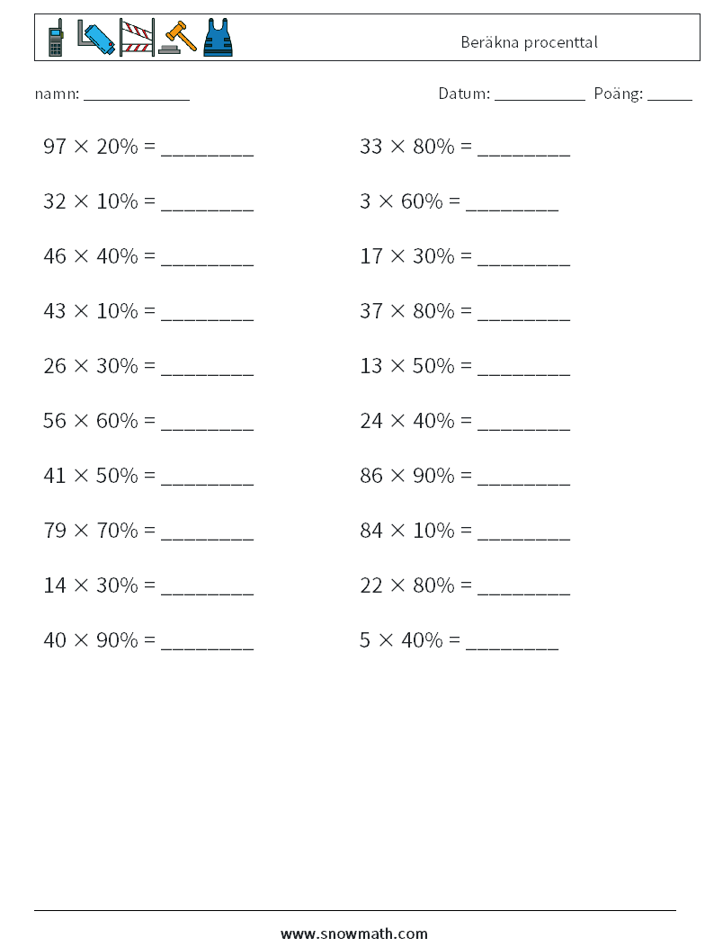 Beräkna procenttal Matematiska arbetsblad 6