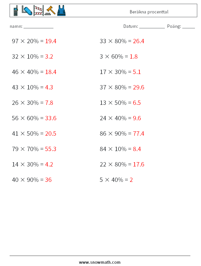 Beräkna procenttal Matematiska arbetsblad 6 Fråga, svar