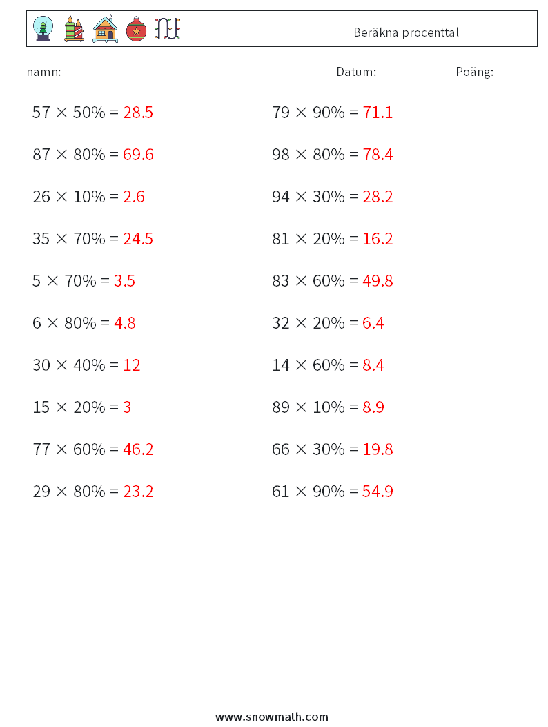 Beräkna procenttal Matematiska arbetsblad 7 Fråga, svar