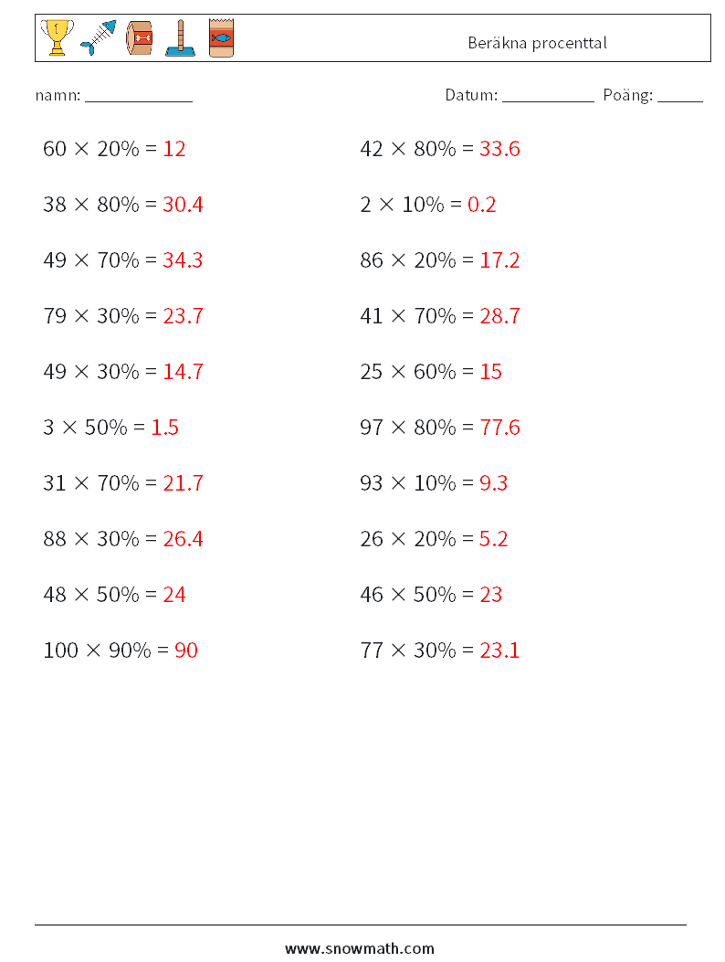 Beräkna procenttal Matematiska arbetsblad 8 Fråga, svar