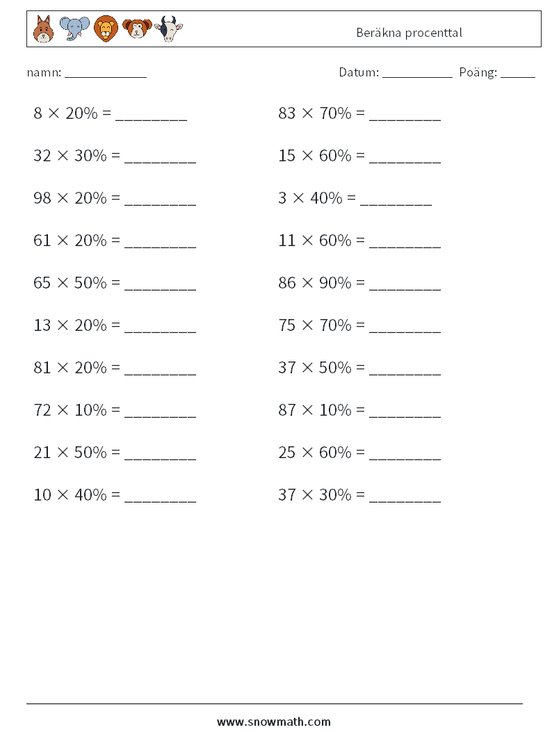 Beräkna procenttal Matematiska arbetsblad 9