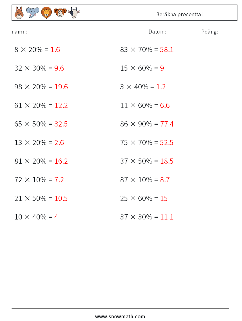 Beräkna procenttal Matematiska arbetsblad 9 Fråga, svar