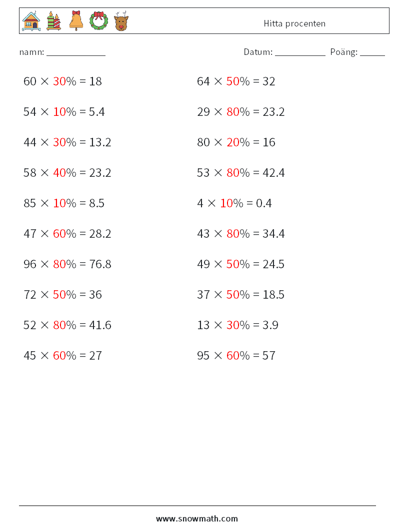 Hitta procenten Matematiska arbetsblad 1 Fråga, svar