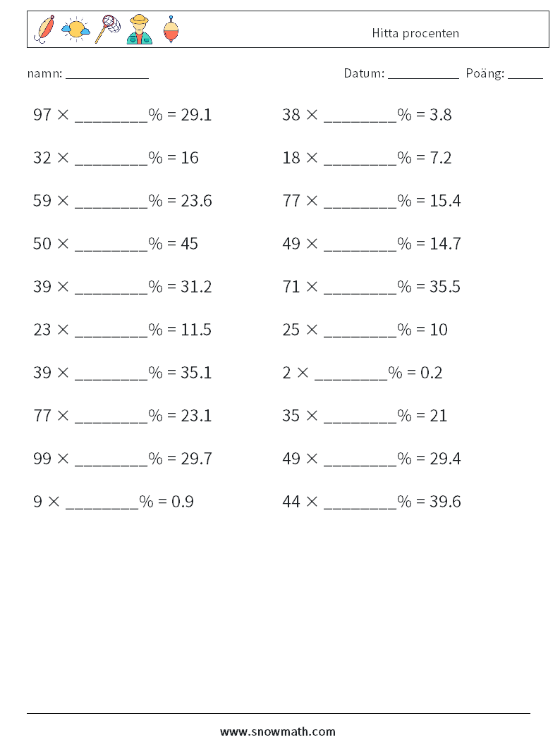 Hitta procenten Matematiska arbetsblad 2