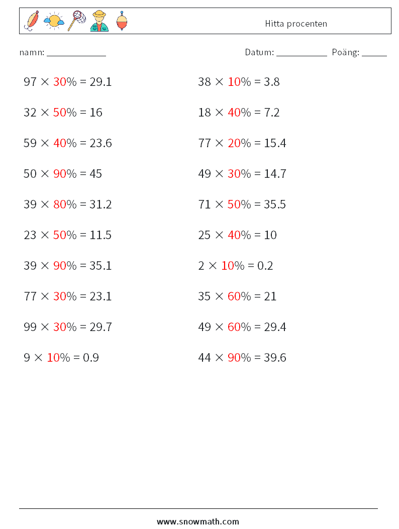 Hitta procenten Matematiska arbetsblad 2 Fråga, svar