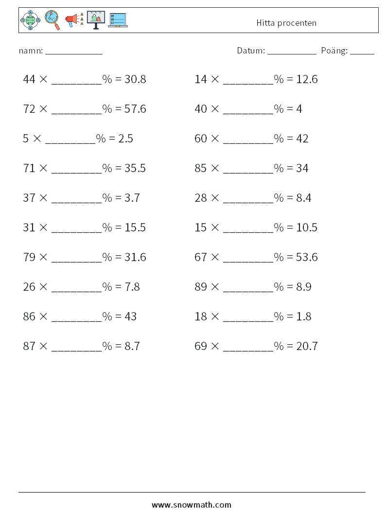 Hitta procenten Matematiska arbetsblad 5