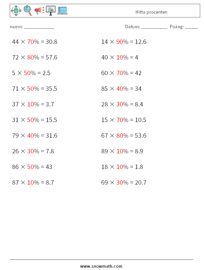 Hitta procenten Matematiska arbetsblad 5 Fråga, svar