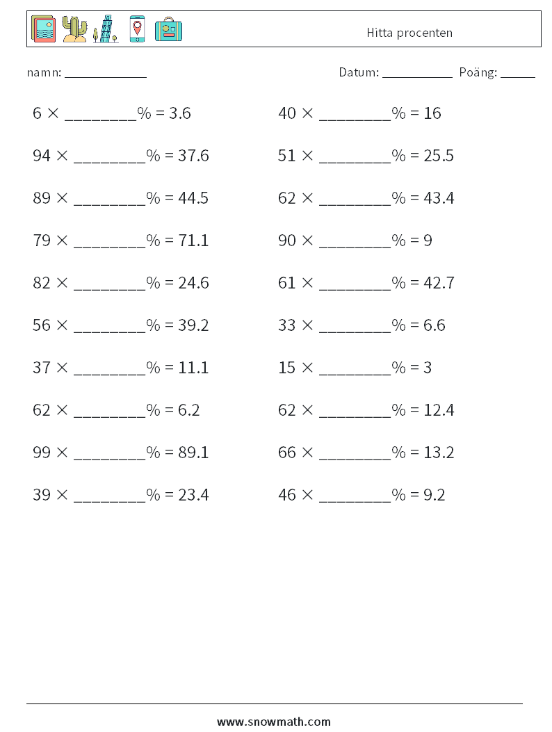 Hitta procenten Matematiska arbetsblad 6