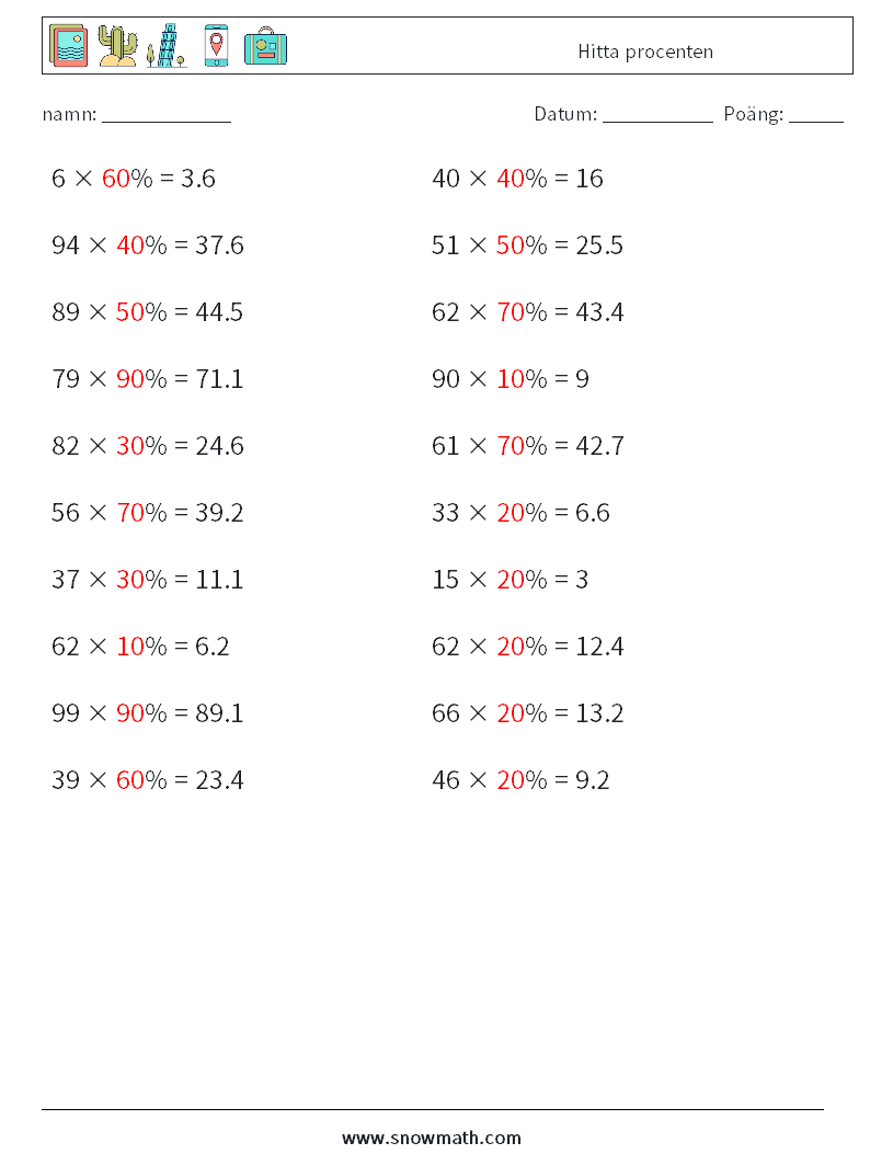 Hitta procenten Matematiska arbetsblad 6 Fråga, svar