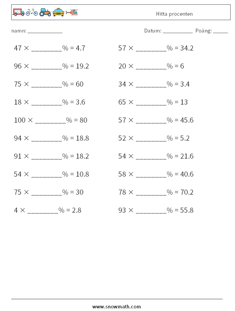 Hitta procenten Matematiska arbetsblad 7