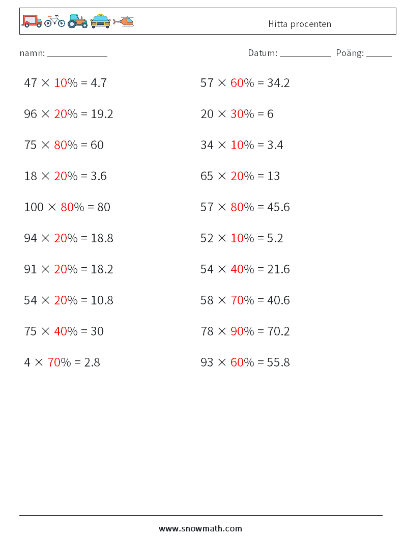 Hitta procenten Matematiska arbetsblad 7 Fråga, svar