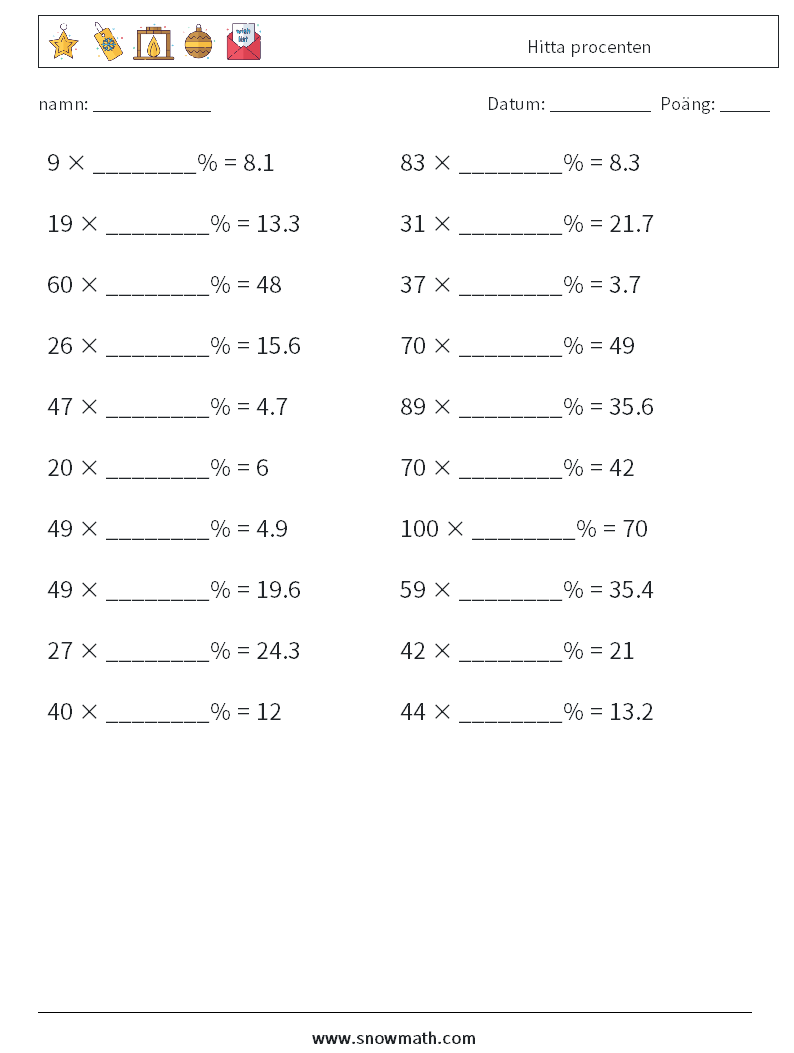 Hitta procenten Matematiska arbetsblad 8