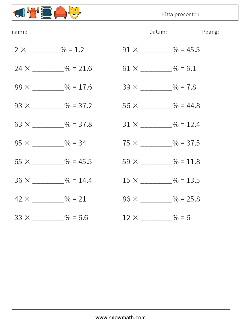 Hitta procenten Matematiska arbetsblad 9