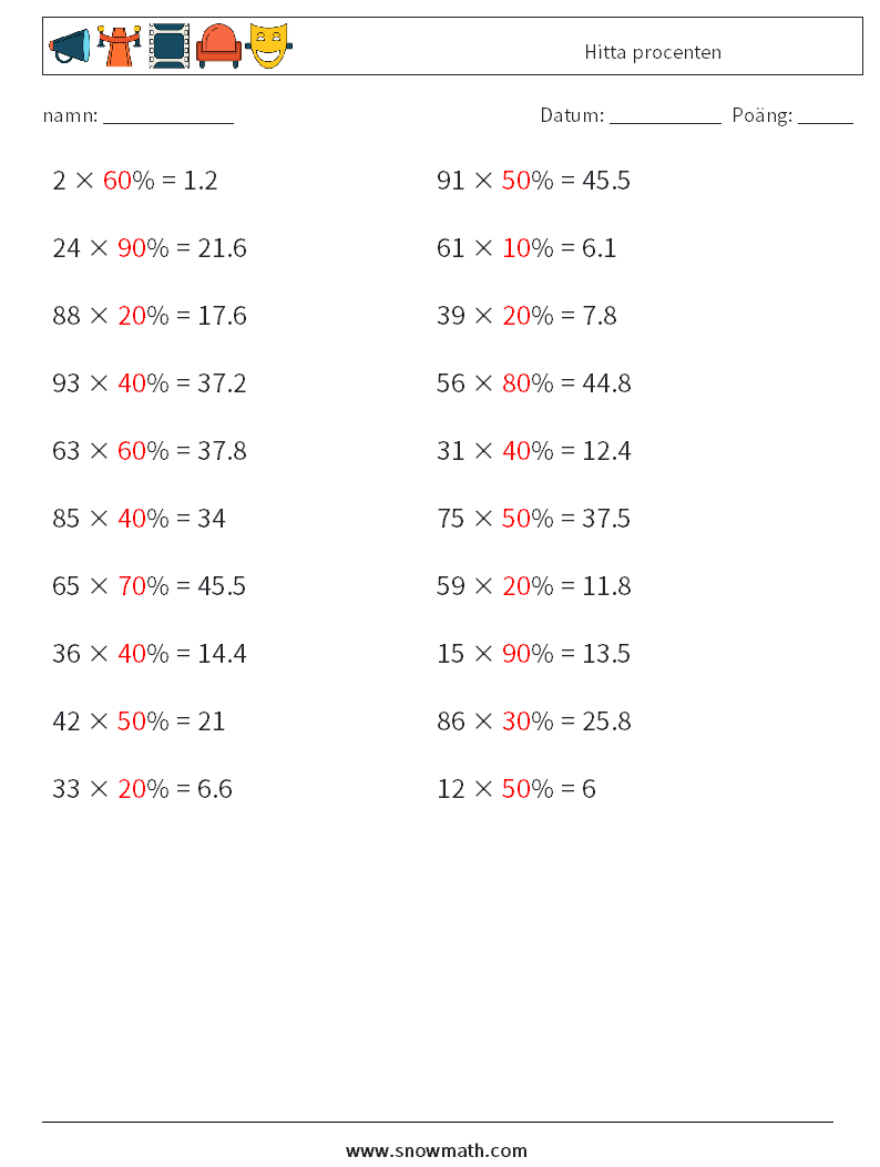 Hitta procenten Matematiska arbetsblad 9 Fråga, svar