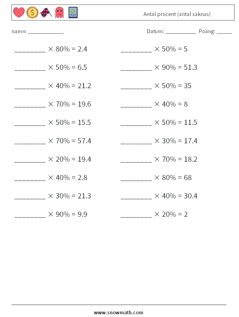 Antal procent (antal saknas) Matematiska arbetsblad 6