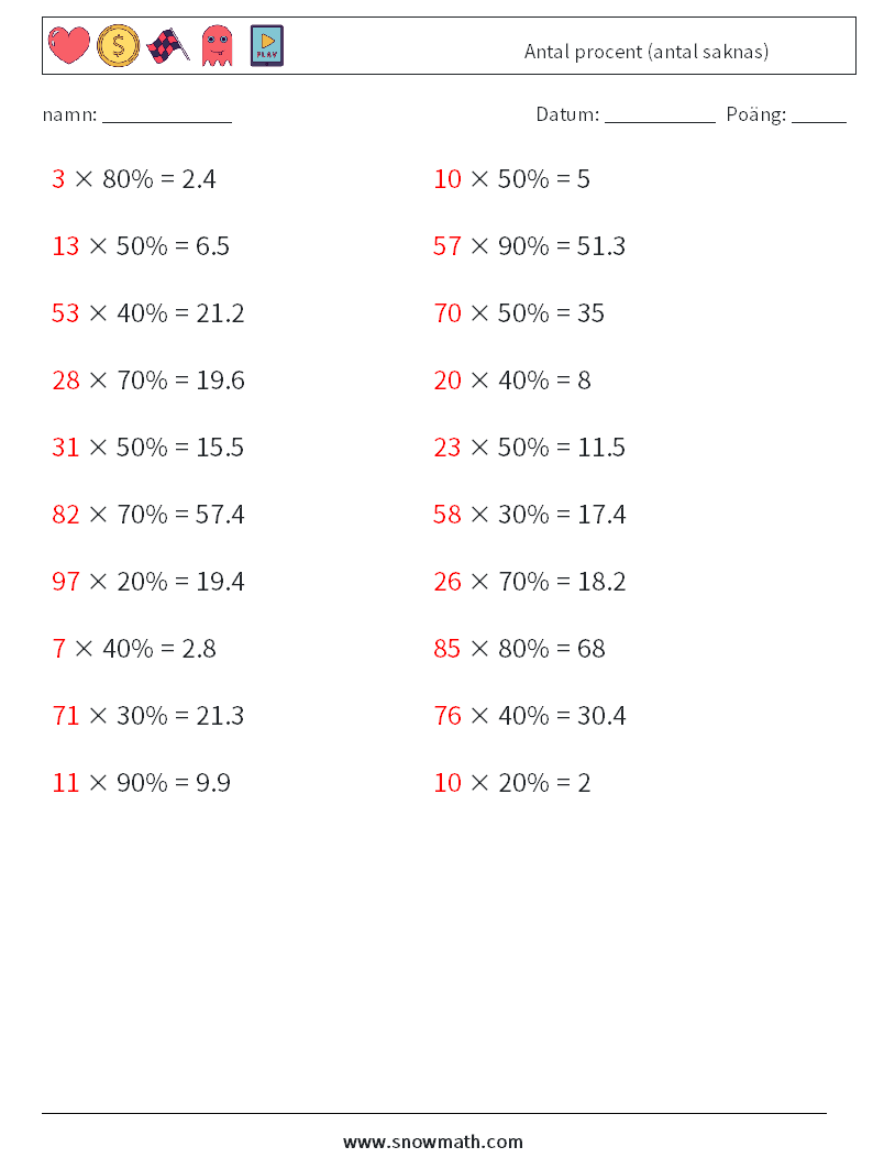 Antal procent (antal saknas) Matematiska arbetsblad 6 Fråga, svar