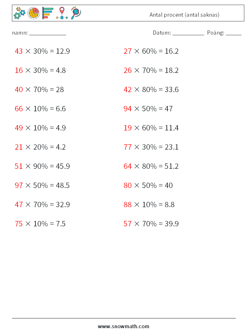 Antal procent (antal saknas) Matematiska arbetsblad 7 Fråga, svar