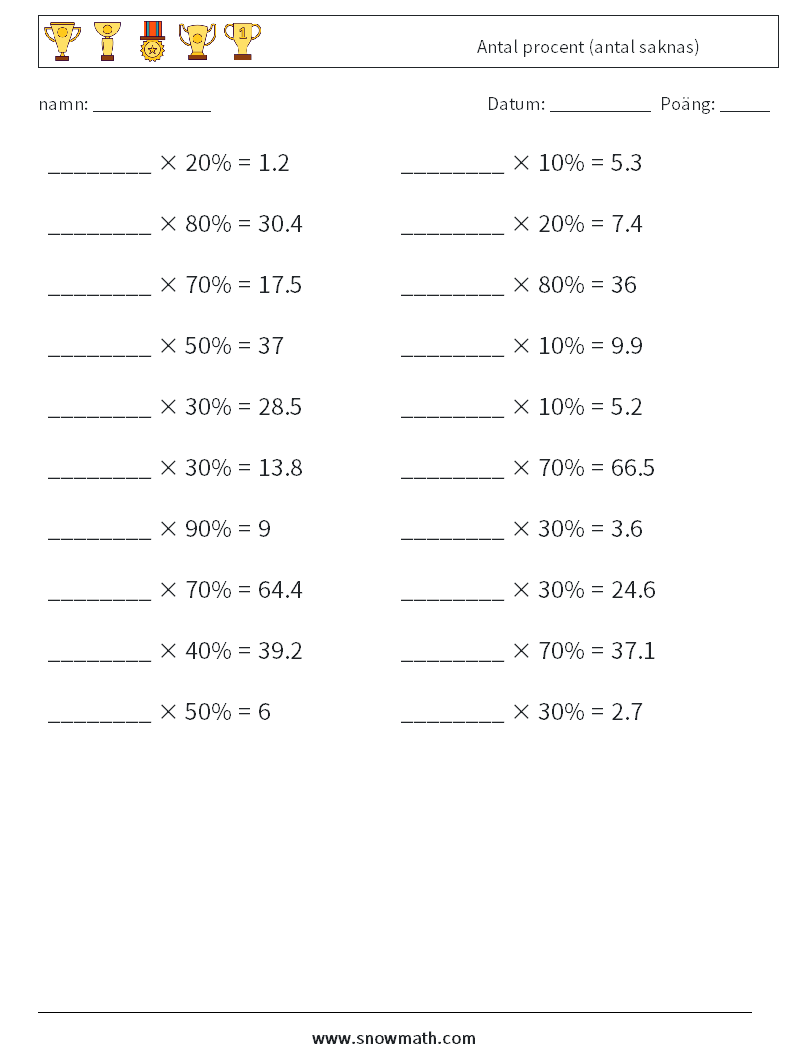 Antal procent (antal saknas) Matematiska arbetsblad 8