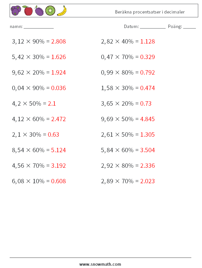 Beräkna procentsatser i decimaler Matematiska arbetsblad 3 Fråga, svar