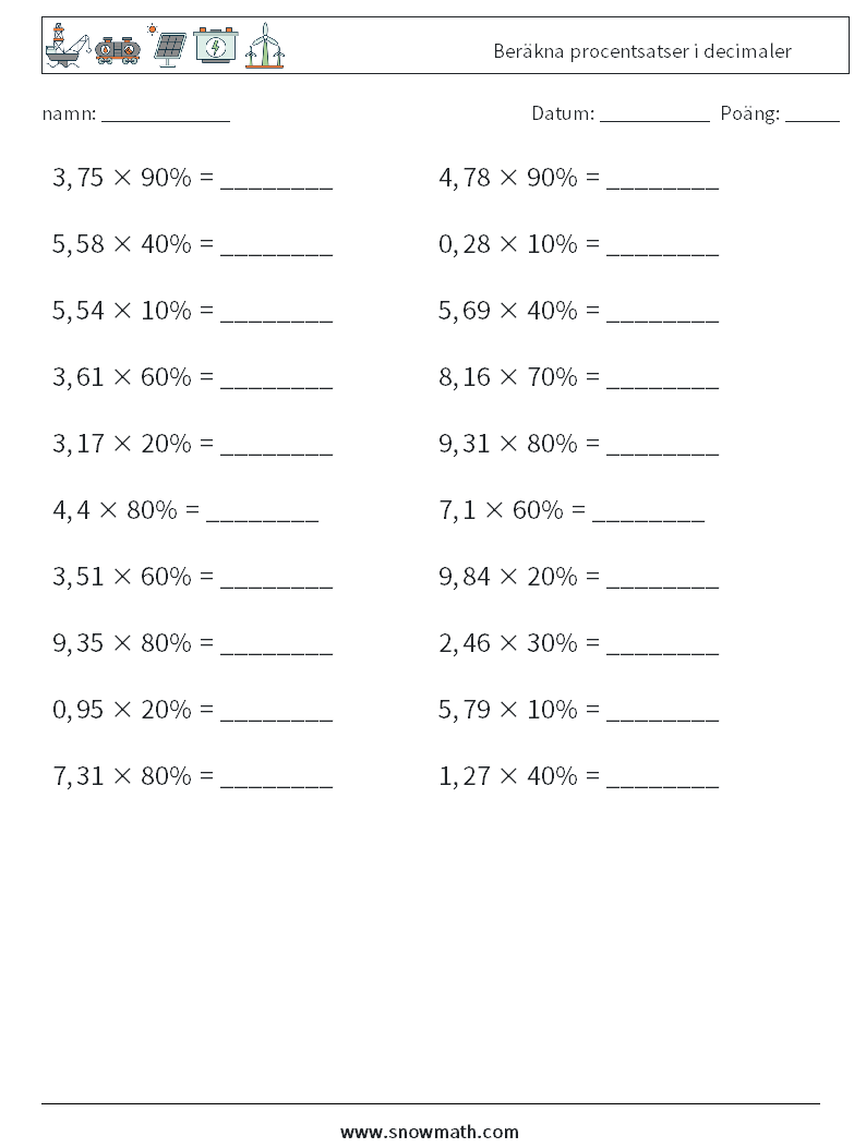 Beräkna procentsatser i decimaler Matematiska arbetsblad 4