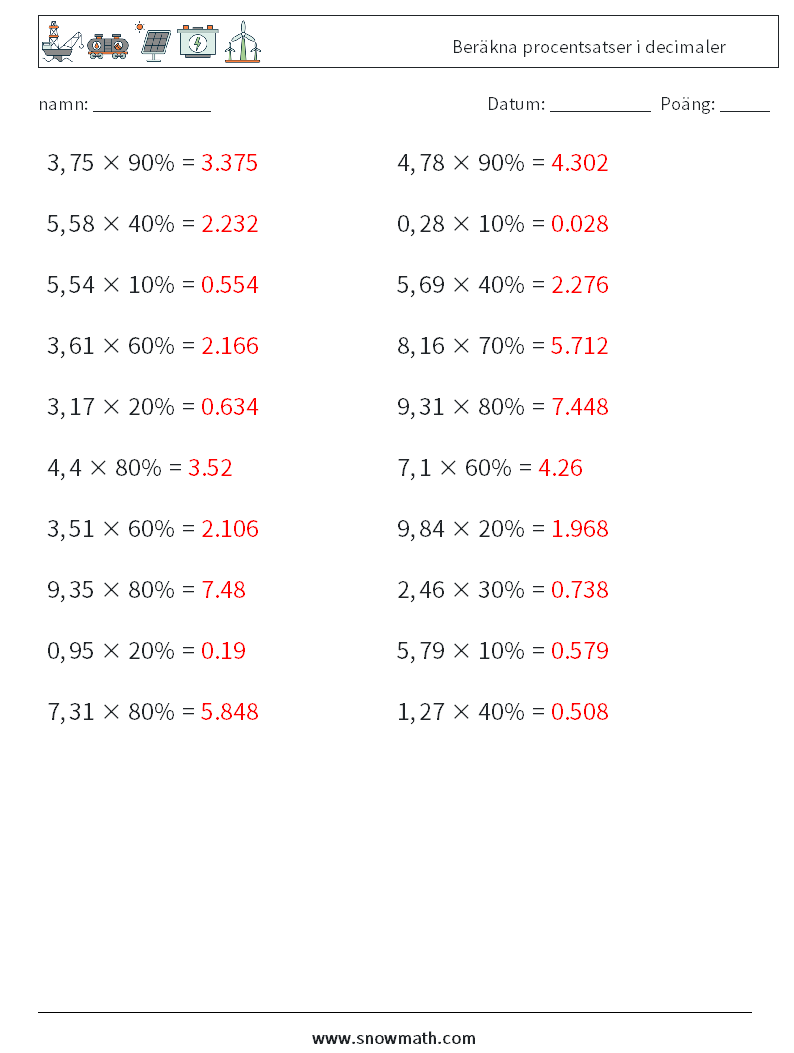 Beräkna procentsatser i decimaler Matematiska arbetsblad 4 Fråga, svar