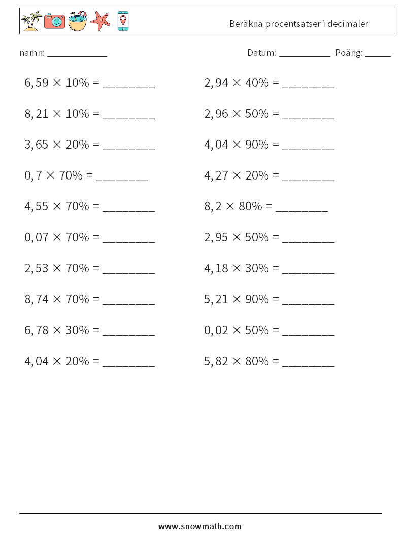 Beräkna procentsatser i decimaler Matematiska arbetsblad 8