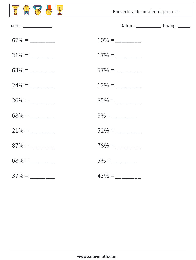 Konvertera decimaler till procent Matematiska arbetsblad 2