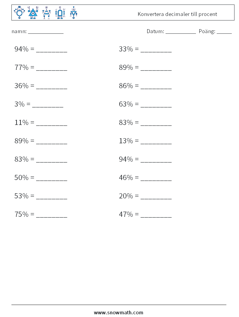 Konvertera decimaler till procent Matematiska arbetsblad 3