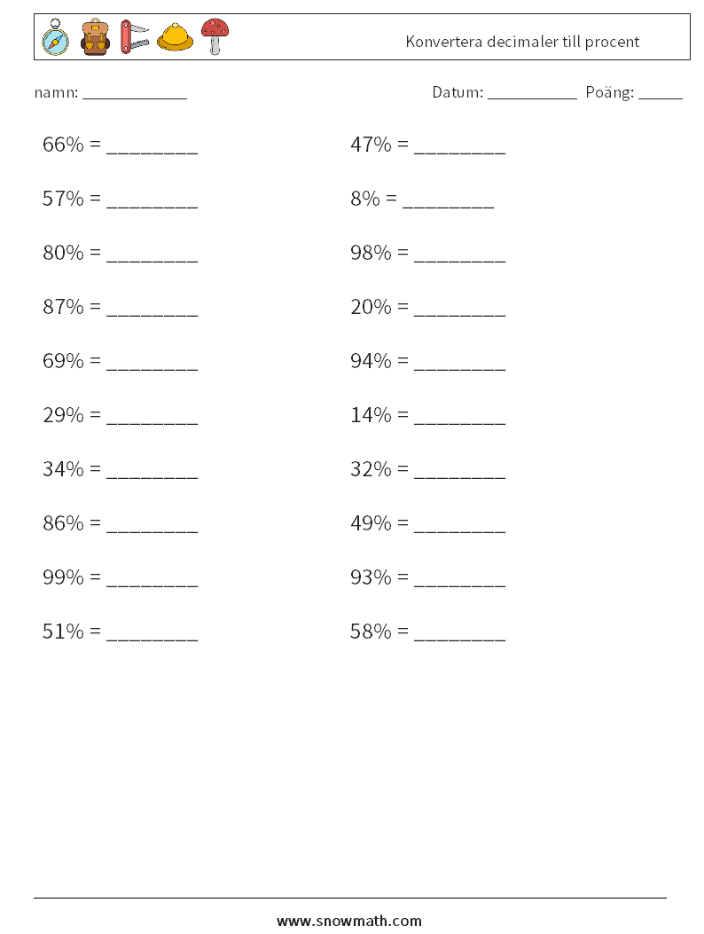 Konvertera decimaler till procent Matematiska arbetsblad 5