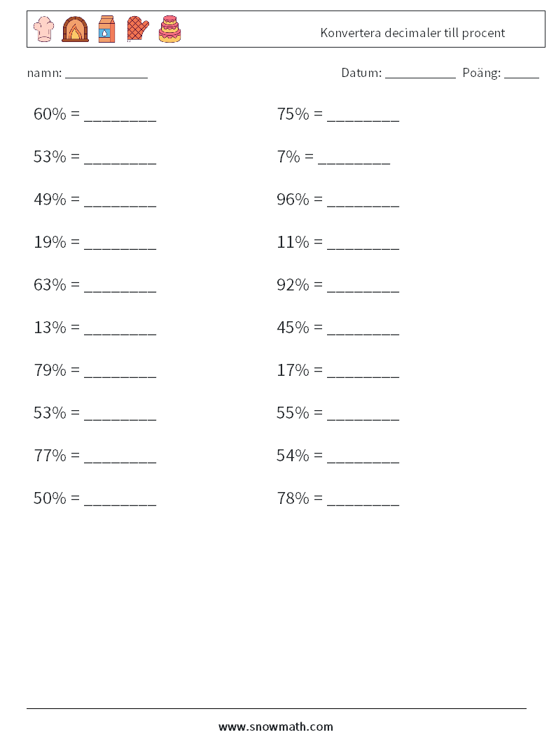 Konvertera decimaler till procent Matematiska arbetsblad 6