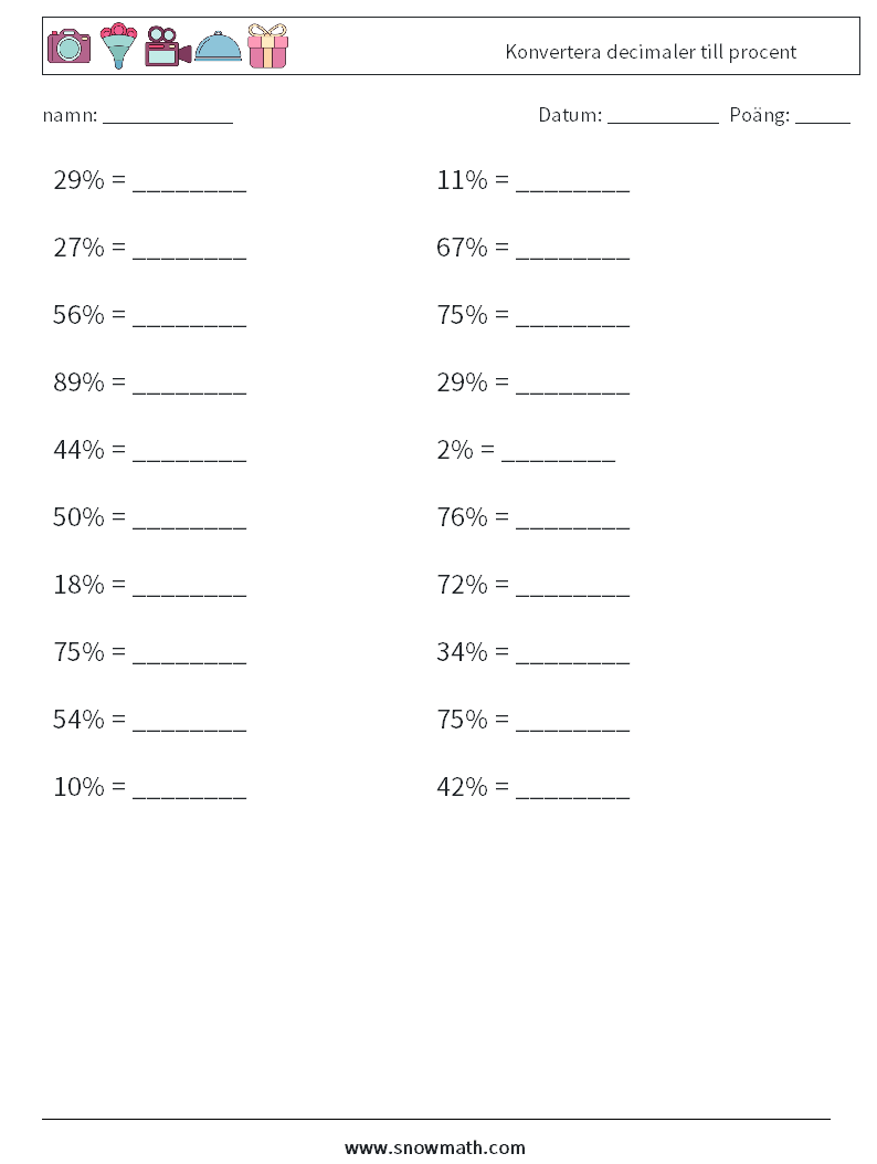 Konvertera decimaler till procent Matematiska arbetsblad 8