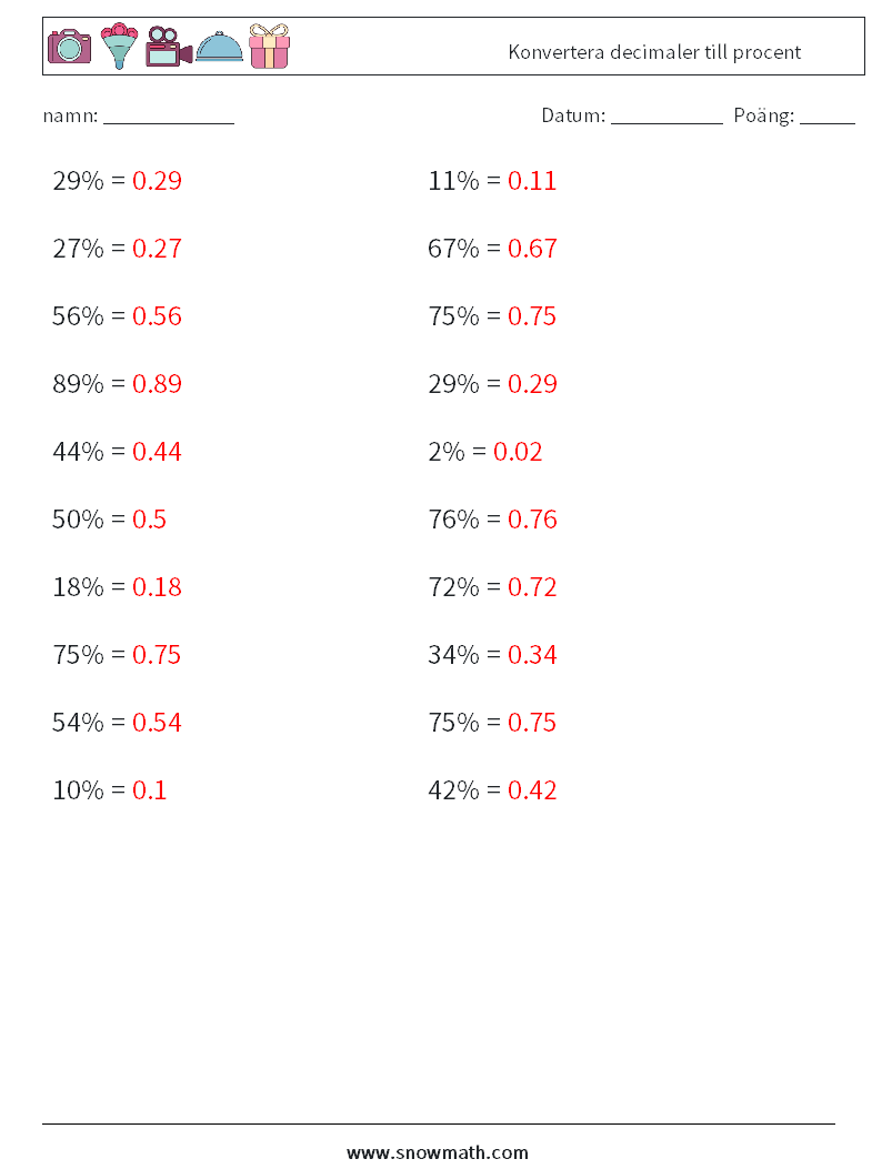 Konvertera decimaler till procent Matematiska arbetsblad 8 Fråga, svar