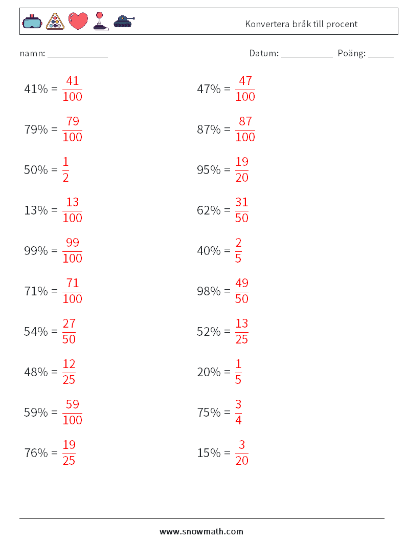 Konvertera bråk till procent Matematiska arbetsblad 5 Fråga, svar