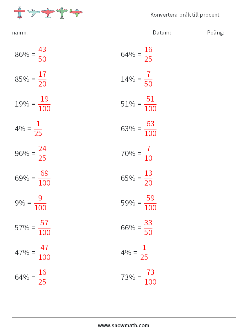Konvertera bråk till procent Matematiska arbetsblad 8 Fråga, svar