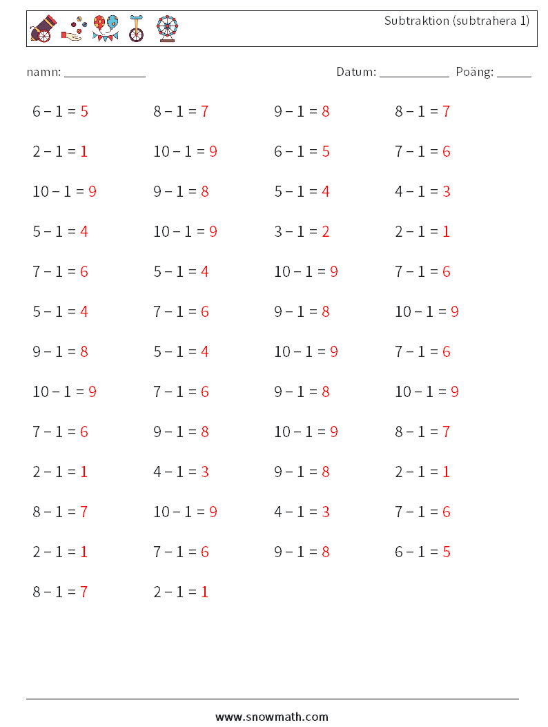 (50) Subtraktion (subtrahera 1) Matematiska arbetsblad 1 Fråga, svar